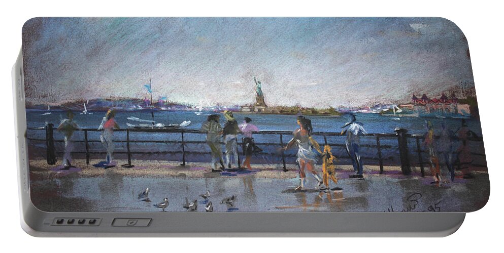 Ny City Portable Battery Charger featuring the pastel NYC Grand Ferry Park 2 by Ylli Haruni