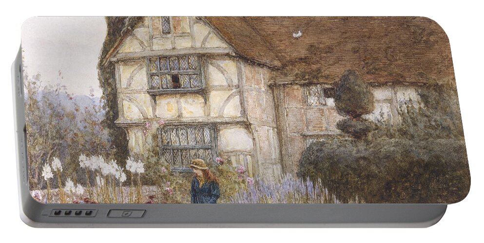 English; Landscape; Cottage; Victorian; Exterior; Garden; Gardens; Border; Female; Flowers; Summer Portable Battery Charger featuring the painting Old Manor House by Helen Allingham