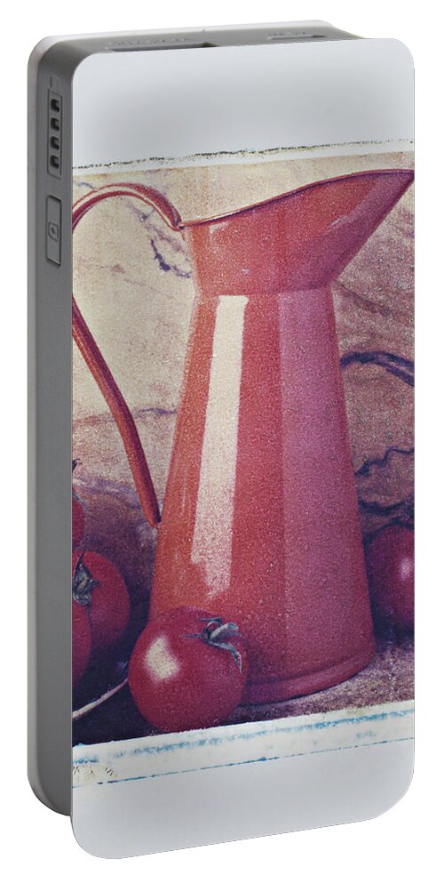 Orange Pitcher Portable Battery Charger featuring the photograph Orange pitcher and tomatoes by Garry Gay