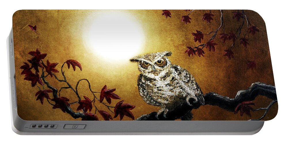 Grunge Portable Battery Charger featuring the digital art Owl in Maple Leaves by Laura Iverson