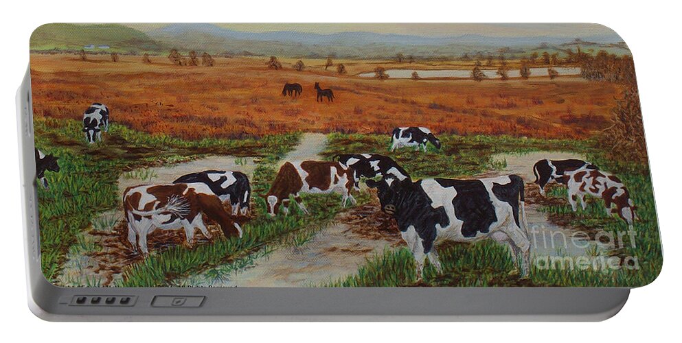 Cors Caron Portable Battery Charger featuring the painting Painting Cows on Cors Caron Tregaron by Edward McNaught-Davis