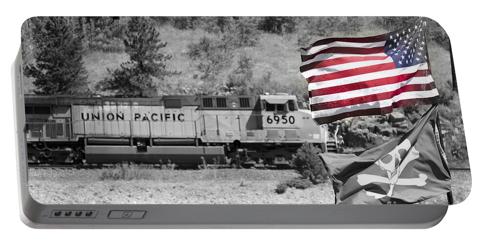 Trains Portable Battery Charger featuring the photograph Pirates and Trains Black and White by James BO Insogna