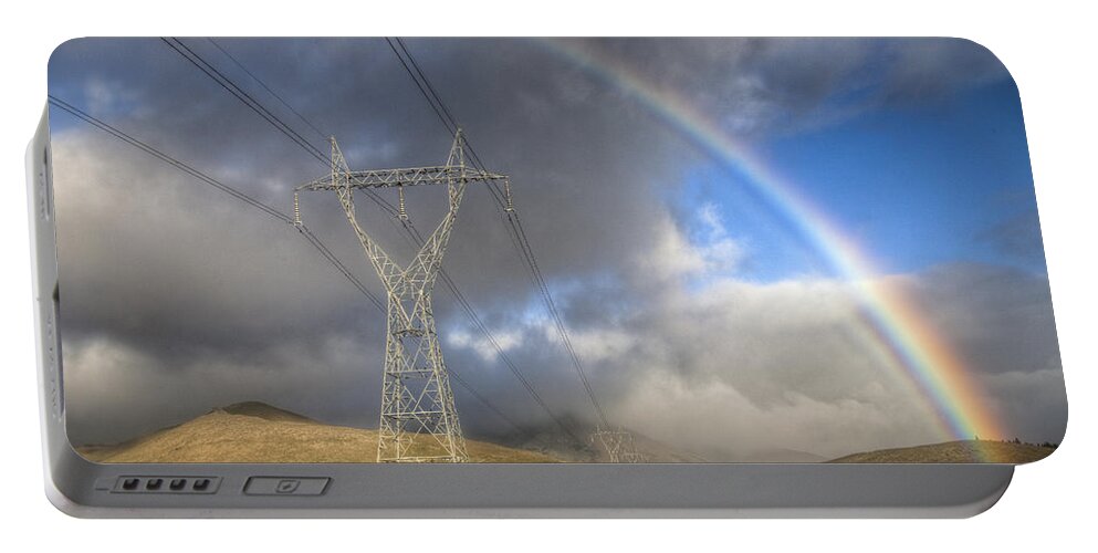 00441043 Portable Battery Charger featuring the photograph Powerlines, Rainbow Forms As Evening by Colin Monteath