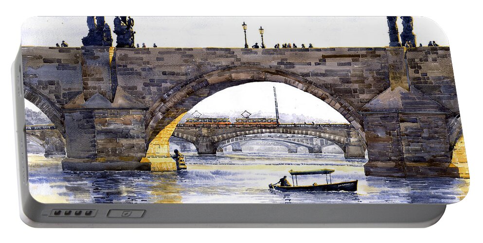 Watercolor Portable Battery Charger featuring the painting Prague Bridges by Yuriy Shevchuk