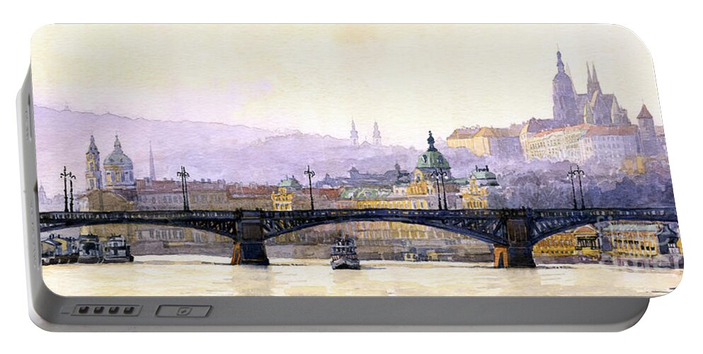 Watercolor Portable Battery Charger featuring the painting Prague Panorama Cechuv Bridge variant by Yuriy Shevchuk