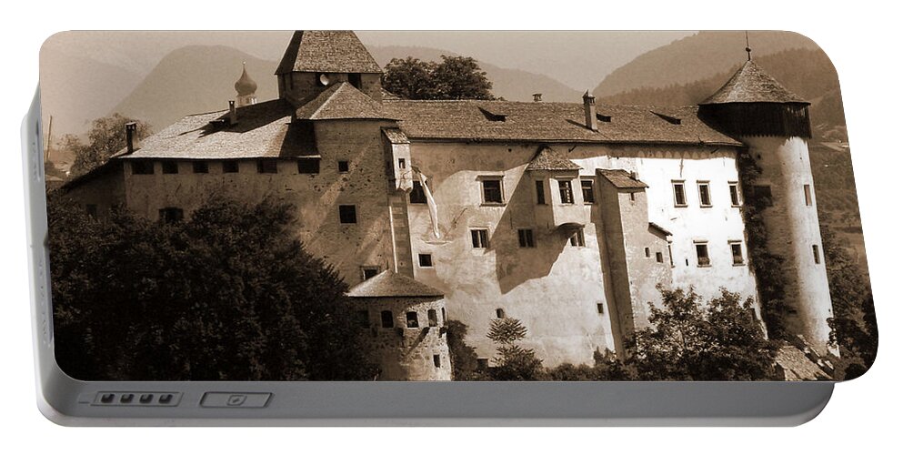 Sepia Portable Battery Charger featuring the photograph Prosels Castle by Donna Corless