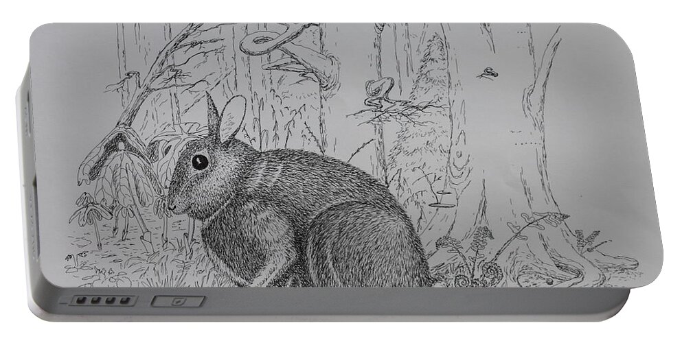 Nature Portable Battery Charger featuring the drawing Rabbit In Woodland by Daniel Reed