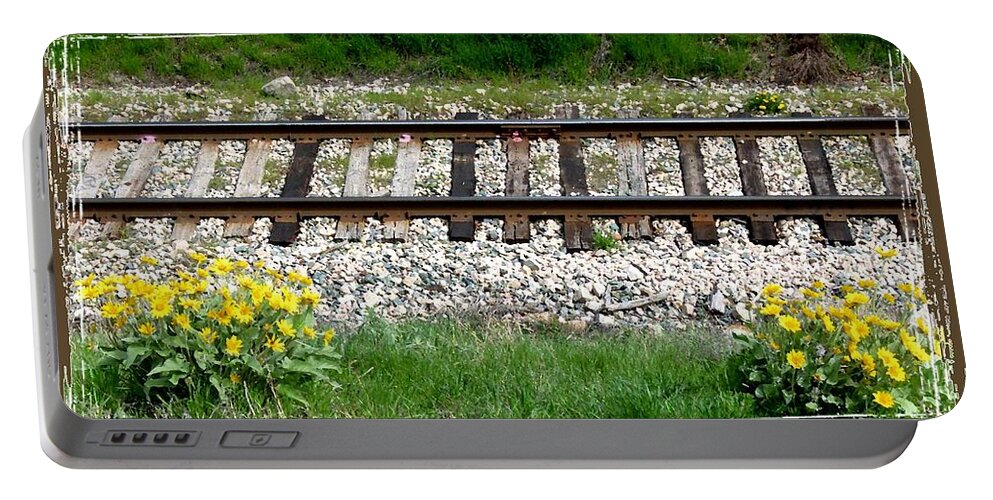 Wild Sunflowers Portable Battery Charger featuring the digital art Railway Tracks And Wild Sunflowers by Will Borden
