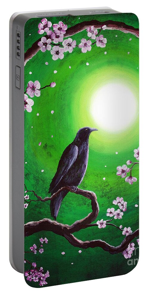 Zen Portable Battery Charger featuring the painting Raven on a Spring Night by Laura Iverson