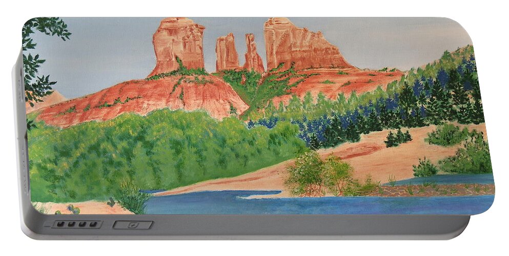 Aimee Mouw Portable Battery Charger featuring the painting Red Rock Crossing by Aimee Mouw