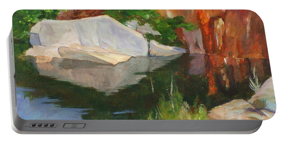 Blue Portable Battery Charger featuring the painting Rockport Quarry Reflection by Claire Gagnon