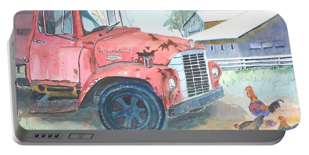Truck Portable Battery Charger featuring the painting Rusty Truck in the Barnyard by Christine Lathrop