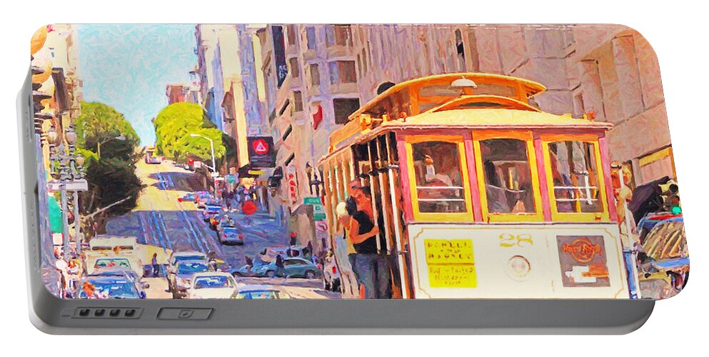 Wingsdomain Portable Battery Charger featuring the photograph San Francisco Cablecar Coming Down Powell Street by Wingsdomain Art and Photography