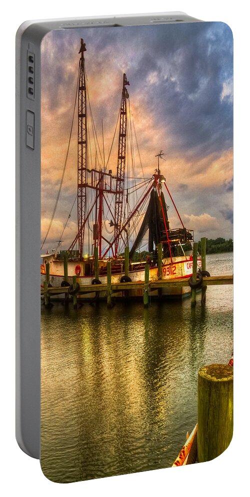 Clouds Portable Battery Charger featuring the photograph Shrimp Boat at Sunset by Debra and Dave Vanderlaan