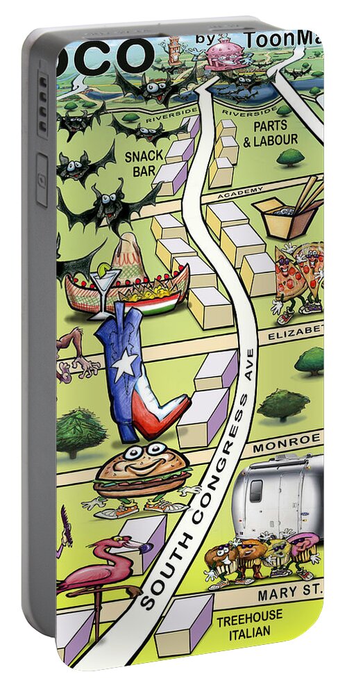 Soco Portable Battery Charger featuring the painting SOCO South Congress Ave ATX Cartoon Map by Kevin Middleton