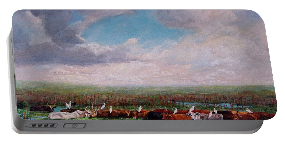 Landscape Portable Battery Charger featuring the painting St. John's Cows I by AnnaJo Vahle
