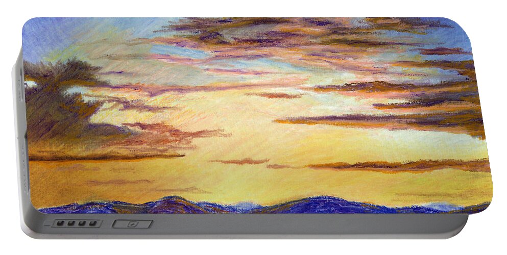 Spiritual Light Sunset Over Preseli Mountains Portable Battery Charger featuring the pastel Spiritual Light Sunset Over Presili Mountains Oil Pastel Painting by Edward McNaught-Davis