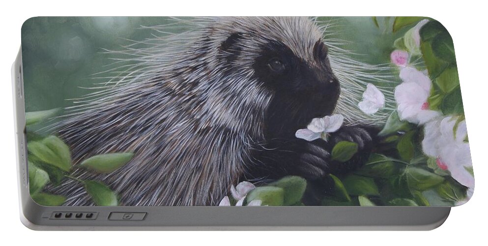 Porcupine In Apple Tree Portable Battery Charger featuring the painting Sweet Treat by Tammy Taylor