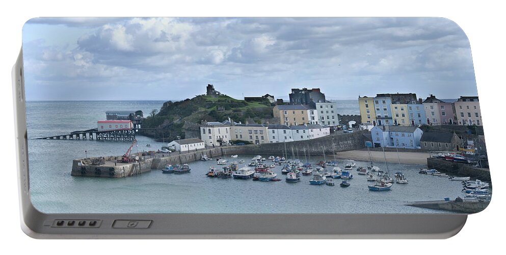 Tenby Harbour Portable Battery Charger featuring the photograph Tenby Harbour Pembrokeshire Panorama by Steve Purnell