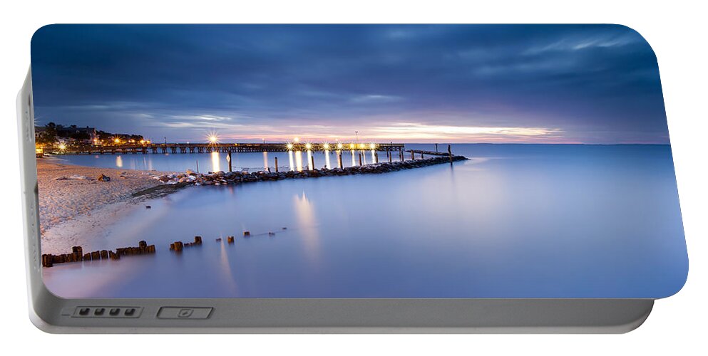 Pre-dawn Clouds very Early Light Sunrise north Beach chesapeake Bay Maryland Pier Pilings Beach Sand Jetty Breakwater long Exposure super Long Exposure Flow Smooth Portable Battery Charger featuring the photograph The Beginning by Edward Kreis