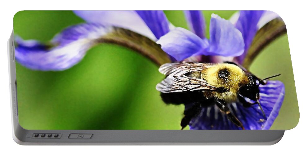 Bumble Bee With Pollen Portable Battery Charger featuring the photograph Bumble Bee with pollen and Iris flower by Marysue Ryan