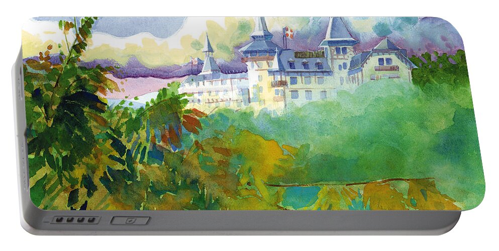 Zurich Portable Battery Charger featuring the painting The Dolder Grand by Lee Klingenberg
