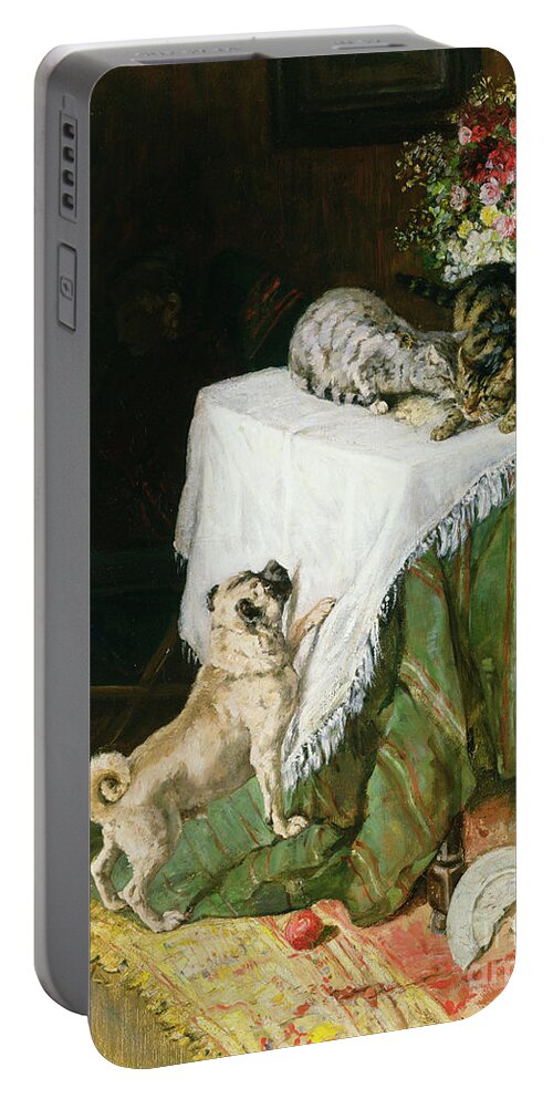 Cats Portable Battery Charger featuring the painting The Mischievous Tabbies by Clemence Nielssen