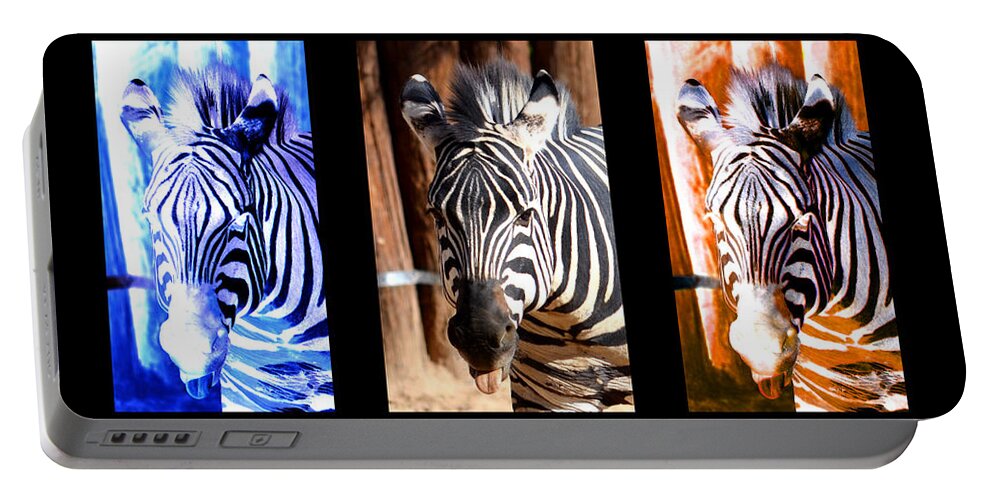 Zebra Portable Battery Charger featuring the photograph The Three Zebras black borders by Rebecca Margraf