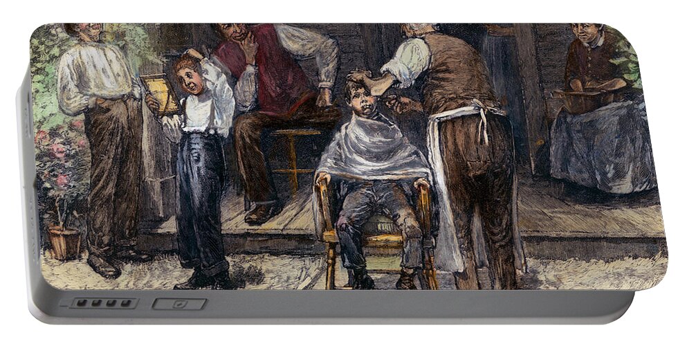 1883 Portable Battery Charger featuring the photograph The Village Barber, 1883 by Granger