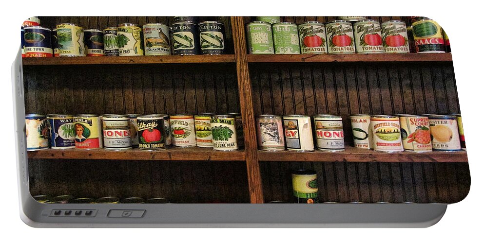 Canned Goods Portable Battery Charger featuring the photograph The Vintage Pantry At Vulcan by Kathy Clark