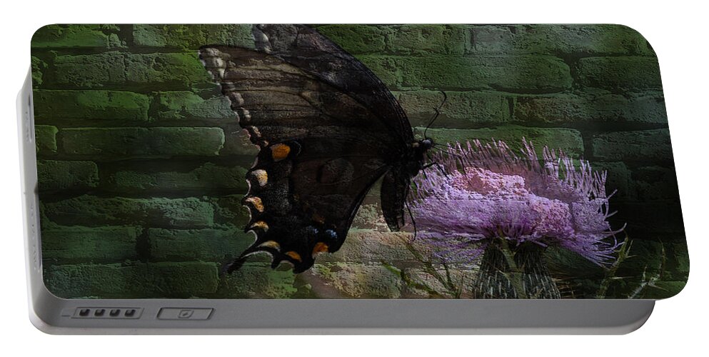 Butterfly Portable Battery Charger featuring the mixed media Thistle and Butterfly by Eric Liller