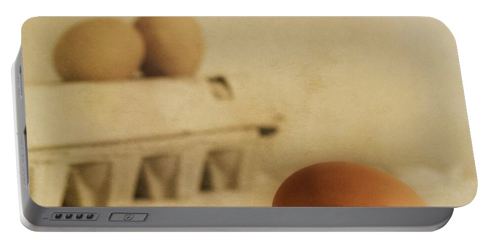 Egg Portable Battery Charger featuring the photograph Three Eggs And A Egg Box by Priska Wettstein