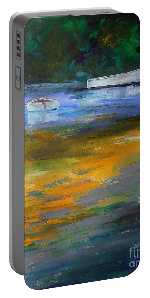 Boats Portable Battery Charger featuring the painting Three in a row by Julie Lueders 