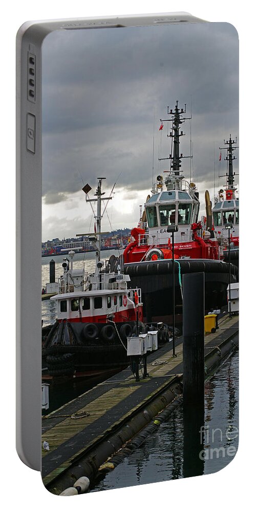 Boats Portable Battery Charger featuring the photograph Three Red Tugs by Randy Harris