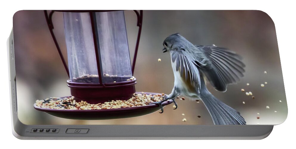 Tufted Titmouse Portable Battery Charger featuring the photograph Tufted Seed Splash by Bill and Linda Tiepelman