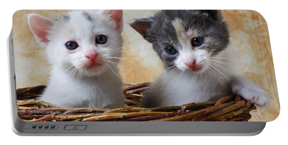 Two Kittens Basket Cat Cute Portable Battery Charger featuring the photograph Two kittens in basket by Garry Gay