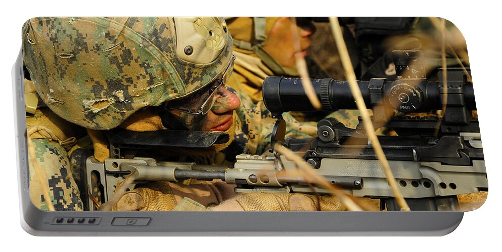 Us Marine Corps Portable Battery Charger featuring the photograph U.s. Marine Uses A Spotting Scope by Stocktrek Images