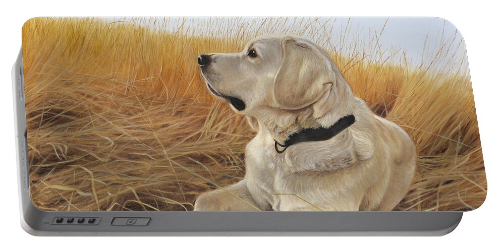 Yellow Lab Portable Battery Charger featuring the painting Waiting For The Birds by Tammy Taylor