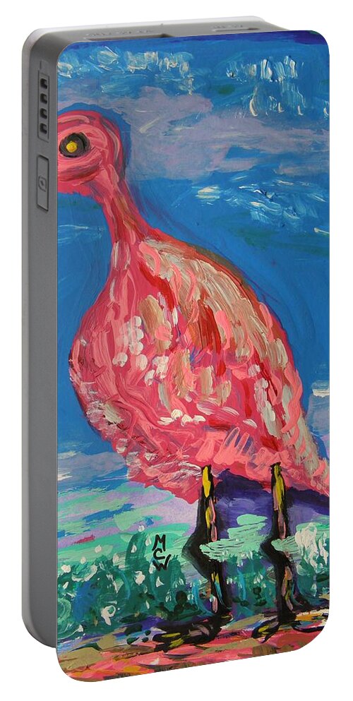 Flamingo Portable Battery Charger featuring the painting Wave Fisherman by Mary Carol Williams