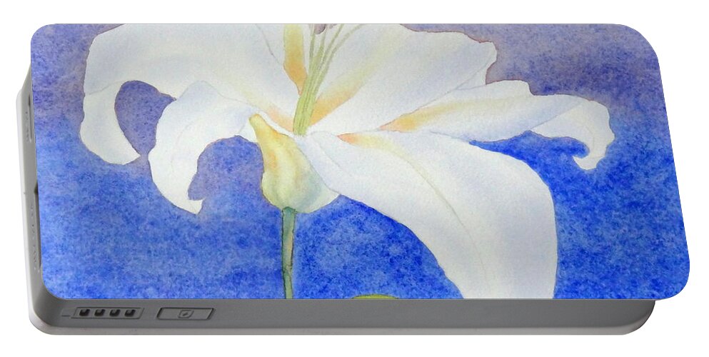 White Portable Battery Charger featuring the painting White Lily by Laurel Best
