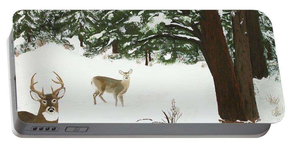 Winterscape Portable Battery Charger featuring the painting Wintering Whitetails by L J Oakes