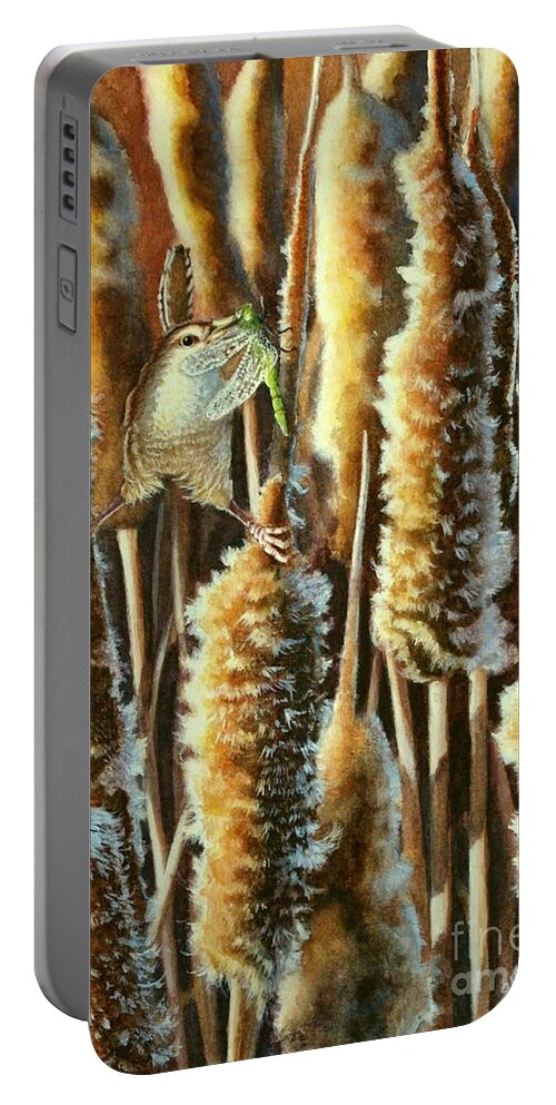 Wren Portable Battery Charger featuring the painting Wren and Cattails 2 by Greg and Linda Halom