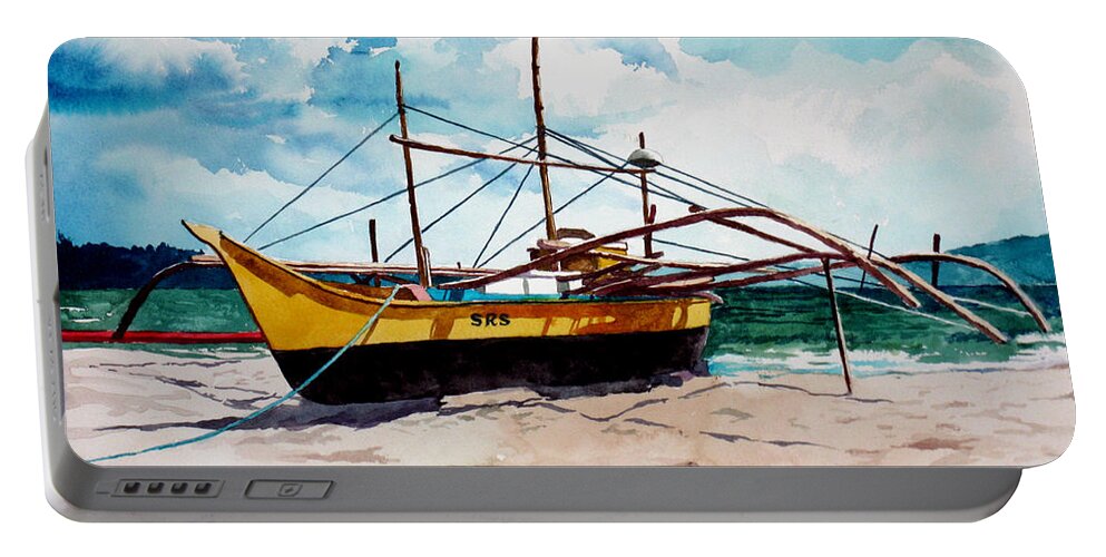 Boat Portable Battery Charger featuring the painting Yellow Boat Docking on the Shore by Christopher Shellhammer