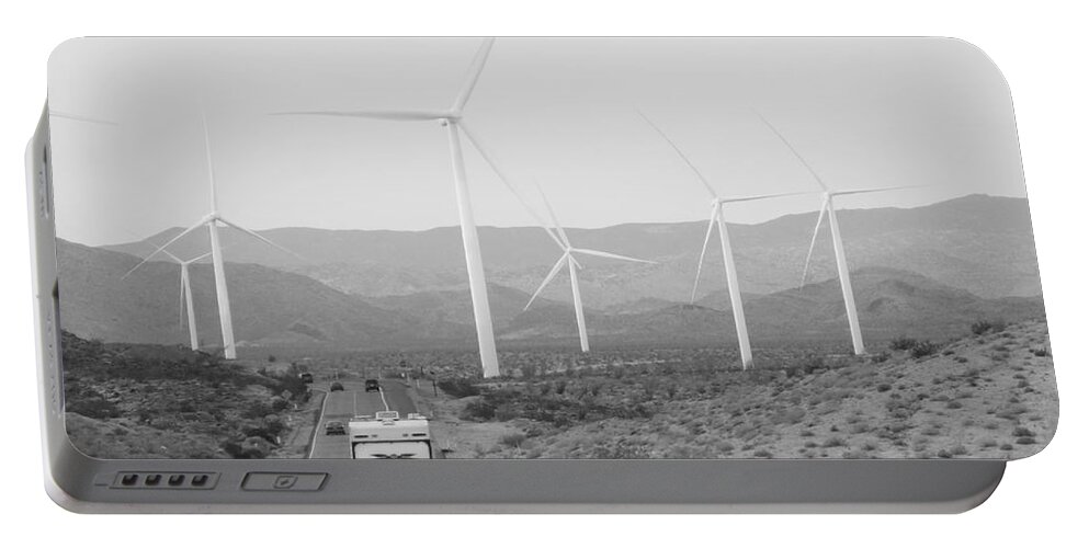 Mountains Portable Battery Charger featuring the photograph Mountains- Wind Turbine and Road with Cars by Claudia Ellis