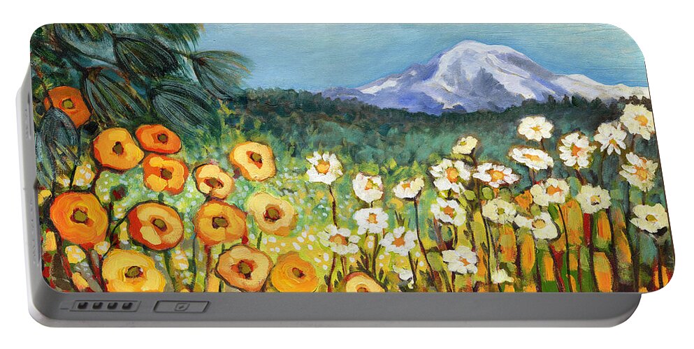 Rainier Portable Battery Charger featuring the painting A Mountain View by Jennifer Lommers