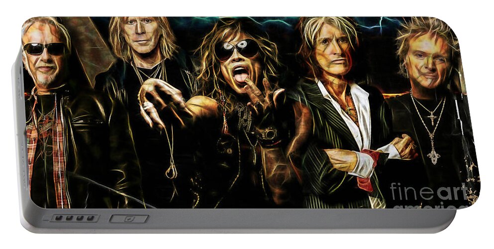 Steven Tyler Portable Battery Charger featuring the mixed media Aerosmith Collection #1 by Marvin Blaine
