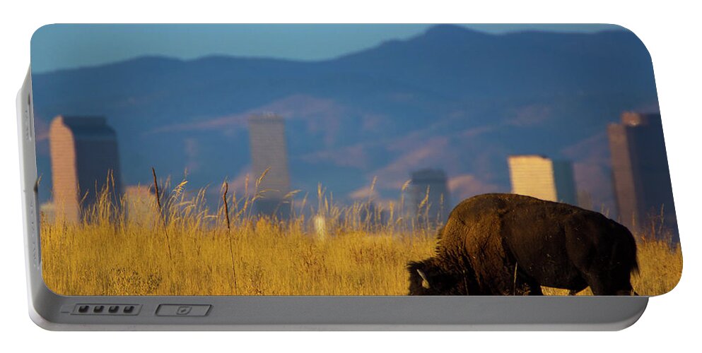 America Portable Battery Charger featuring the photograph American Bison And Denver Skyline #1 by John De Bord
