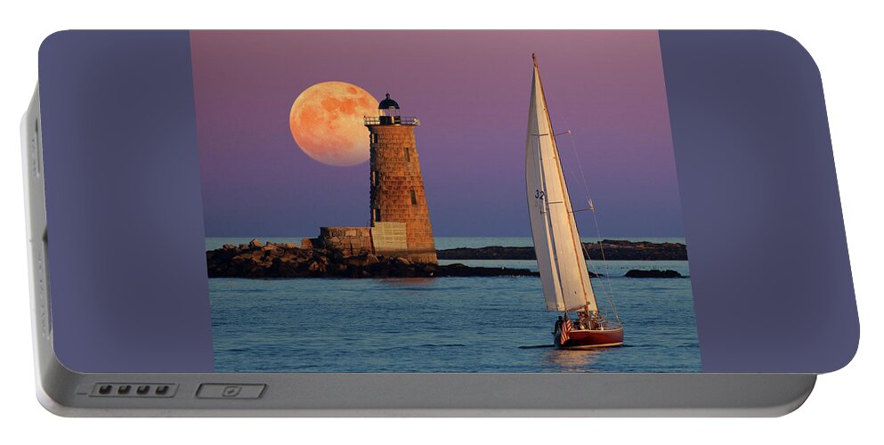 Moon Lunar Full Moon Sea Sailboat Boat Sunset Sunrise Dawn Dusk Astronomy Astronomical Water Peaceful Peace Quiet Nautical Lighthouse Light House Seashore Portable Battery Charger featuring the photograph Arise by Larry Landolfi