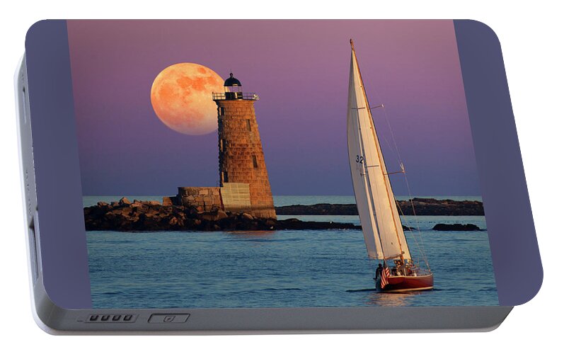 Moon Lunar Full Moon Sea Sailboat Boat Sunset Sunrise Dawn Dusk Astronomy Astronomical Water Peaceful Peace Quiet Nautical Lighthouse Light House Seashore Portable Battery Charger featuring the photograph Arise #1 by Larry Landolfi