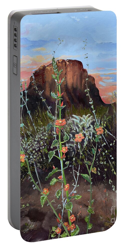 Landscape Portable Battery Charger featuring the painting Arizona Desert Flowers-Dwarf Indian Mallow #1 by Jan Dappen